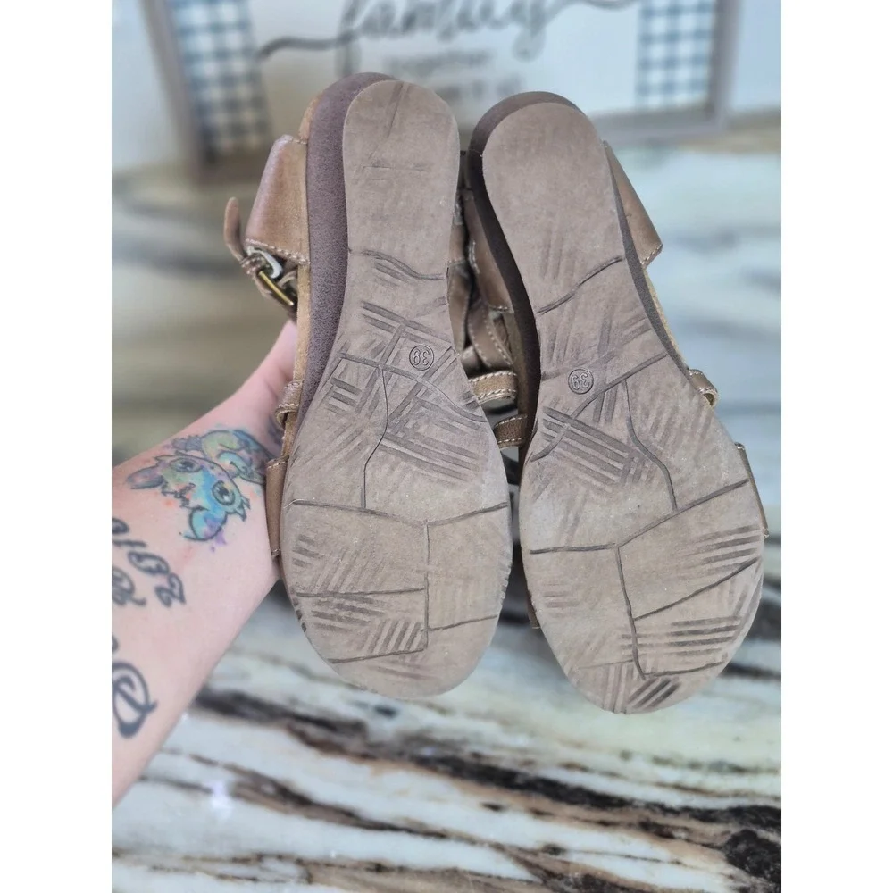 Miz Mooz Womens Leather Strappy Wedge Sandals Tan Brown Low Heel Zipper 39‎ 8.5